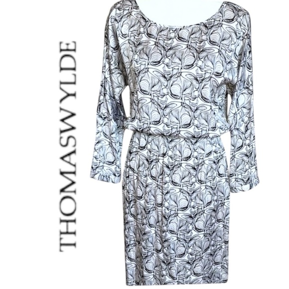Thomas Wylde Dresses & Skirts - Thomas Wylde Black White Silk Skull Dress Cinched Waist Unfinished Hem Sz Medium